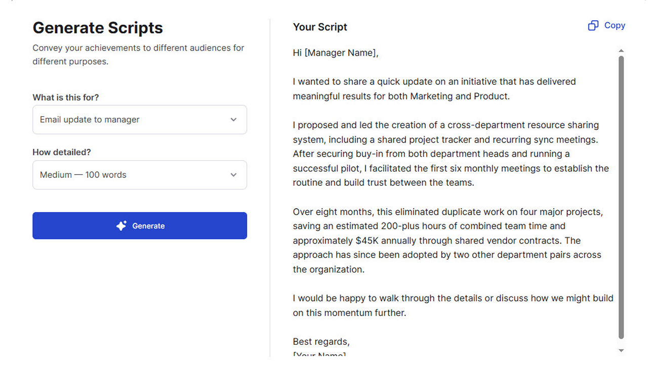 Career Mastery Achievement Script Generator